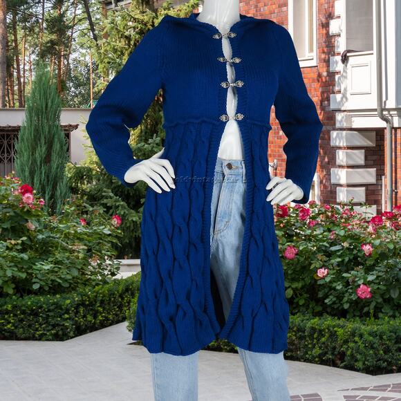 Indigo Cable Knit Hooded Sweater Dress Coat S - Picture 2 of 11